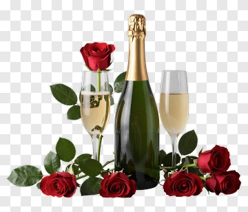 Champagne Bottle With Red Roses And Glasses PNG