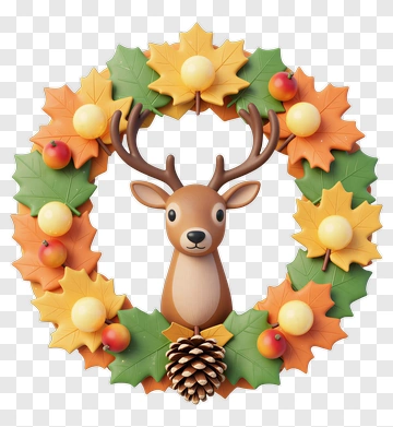 Cartoon Reindeer Wreath With Autumn Leaves And Pinecone PNG