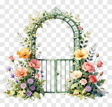 Floral Garden Gate With Colorful Flowers PNG