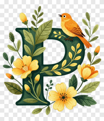 Floral Letter P With Bird And Yellow Flowers PNG