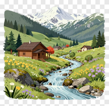 Scenic Mountain Landscape With River And Cottage PNG