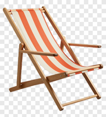 Wooden Deck Chair With Orange Stripes PNG