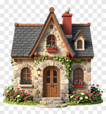 Charming Stone Cottage With Flower Garden PNG