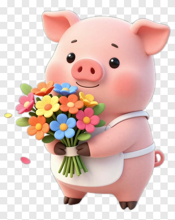Cartoon Pig Holding A Bouquet Of Flowers PNG