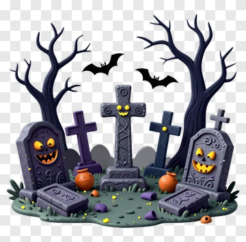 Halloween Graveyard Scene With Spooky Tombstones And Bats PNG