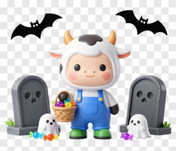 Cartoon Cow Child Holding A Halloween Candy Basket PNG