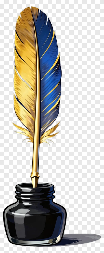 Golden And Blue Feather Quill Pen In Ink Bottle PNG