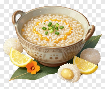 Bowl Of Rice Pudding With Lemon And Flowers PNG