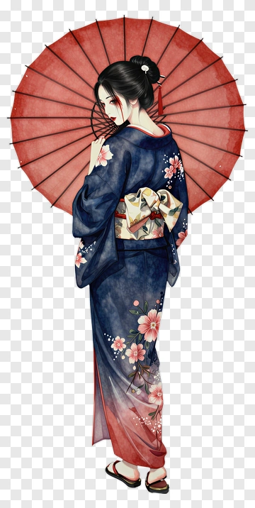 Woman In Kimono Holding A Red Parasol PNG
