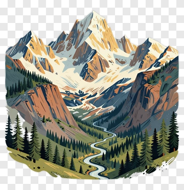 Mountain Landscape With River And Pine Trees PNG