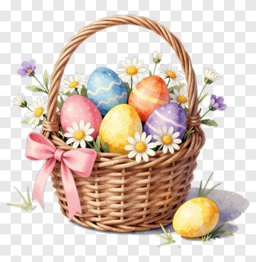 Easter Basket Filled With Colorful Eggs And Flowers PNG