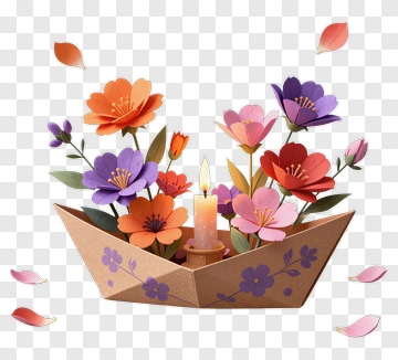 Colorful Flower Arrangement In A Paper Boat PNG