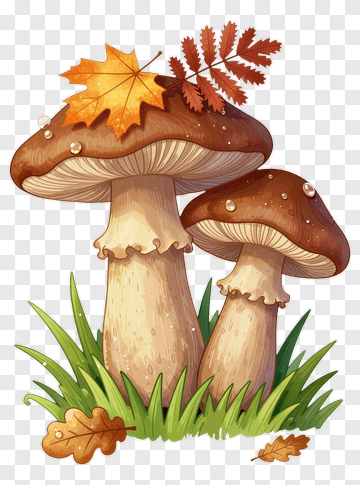 Mushrooms Surrounded By Autumn Leaves PNG