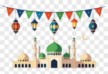 Mosque With Decorative Lanterns For Ramadan PNG