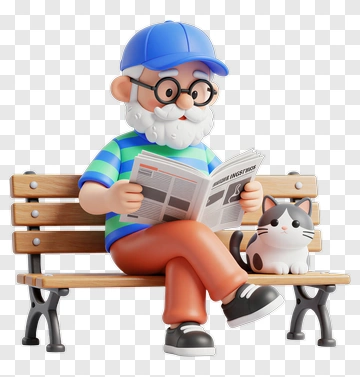3D Elderly Man Reading A Newspaper With A Cat PNG