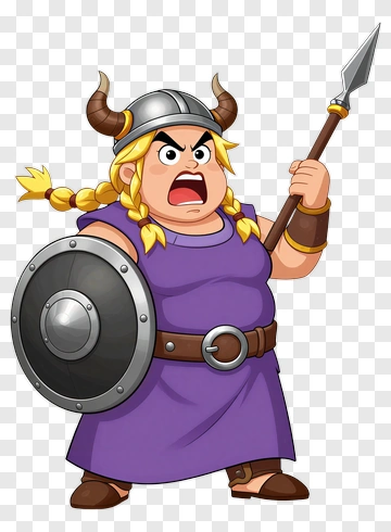 Cartoon Viking Woman Holding A Shield And Spear PNG