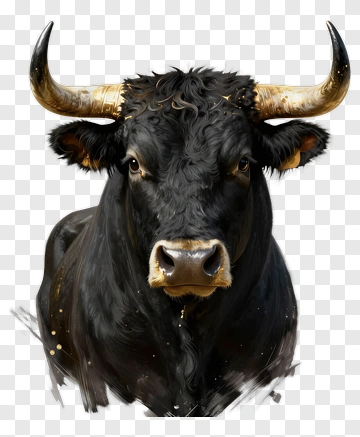 Realistic Black Bull With Prominent Horns PNG