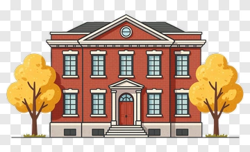 Cartoon Red Brick House With Yellow Trees PNG