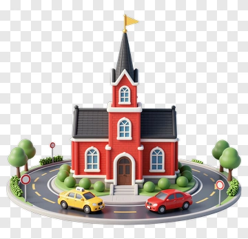 3D Red Church On A Roundabout With Cars PNG