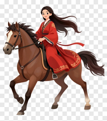 Girl Riding A Horse In Traditional Red Outfit PNG