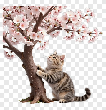 Cat Playing Near A Cherry Blossom Tree PNG