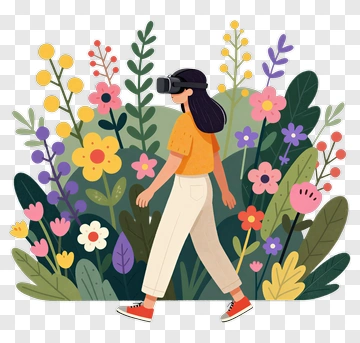 Woman Walking In A Flower Garden With Vr Headset PNG