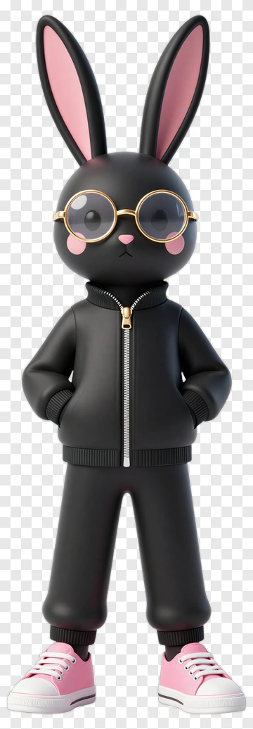 3D Cartoon Bunny Character In Black Outfit PNG