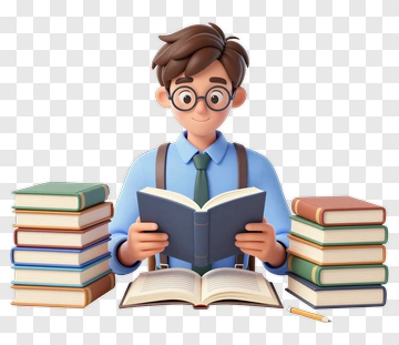 3D Student Reading A Book Surrounded By Stacked Textbooks PNG