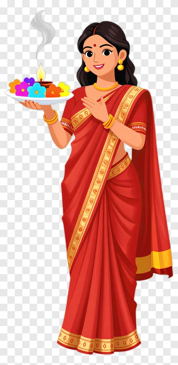 Woman In Red Saree Holding A Plate Of Flowers PNG