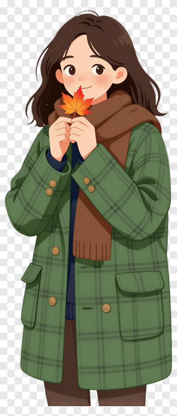 Girl Holding A Maple Leaf In A Green Coat PNG