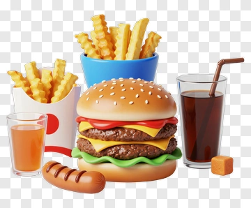 Fast Food Meal With Burger, Fries, And Drinks PNG