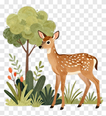 Cartoon Fawn Standing Beside A Tree PNG