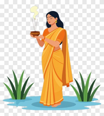 Woman In Yellow Saree Holding A Bowl Of Incense PNG