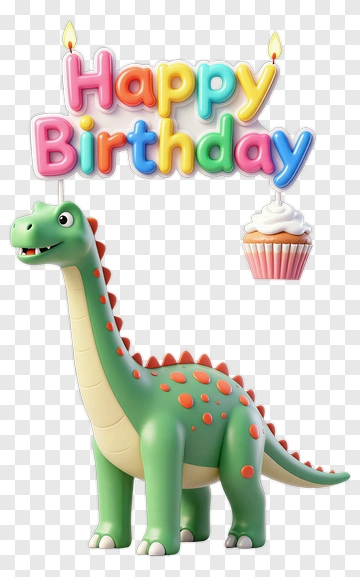 Cartoon Dinosaur With Happy Birthday Text And Cupcake PNG