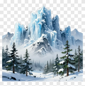 Snowy Mountain Landscape With Ice And Pine Trees PNG
