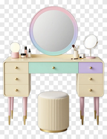 Colorful Vanity Table With Round Mirror PNG