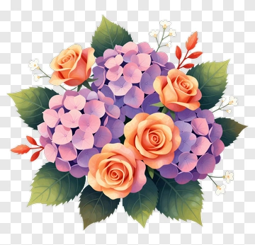 Colorful Flower Bouquet With Roses And Hydrangeas PNG