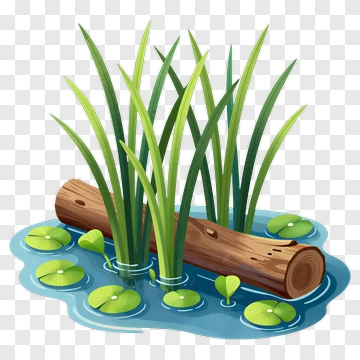 Lush Green Grass And Log In A Pond PNG