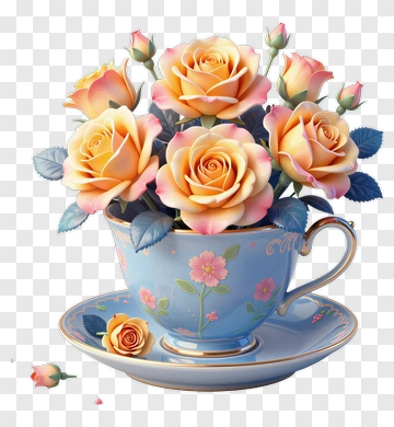 Blue Cup With Orange Roses PNG