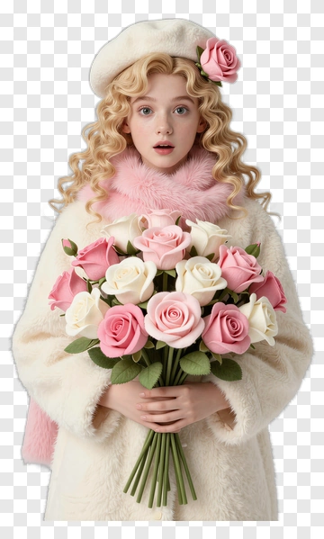 Girl Holding A Bouquet Of Pink And White Roses PNG
