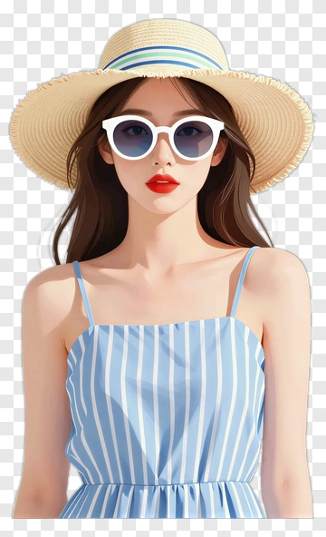 Stylish Woman In A Blue Striped Dress And Hat PNG