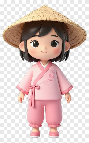 3D Girl In Pink Kimono With Straw Hat PNG