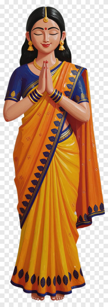Woman In Traditional Indian Saree With Praying Gesture PNG
