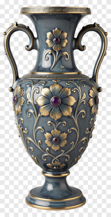 Decorative Blue And Gold Floral Vase PNG