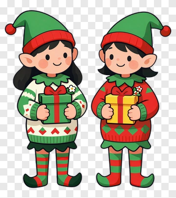 Cartoon Elves Holding Christmas Presents PNG