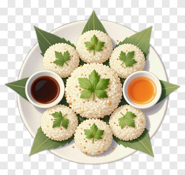 Plate Of Rice Balls With Dipping Sauces PNG