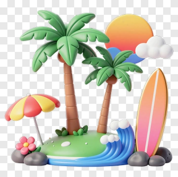 Colorful Beach Scene With Palm Trees And Surfboard PNG