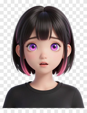 3D Girl With Pink Highlights And Large Purple Eyes PNG