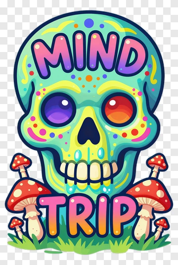 Colorful Skull With Mind Trip Text And Mushrooms PNG