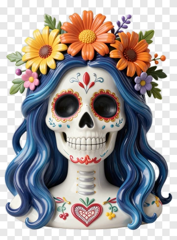 Colorful Skull With Floral Crown PNG